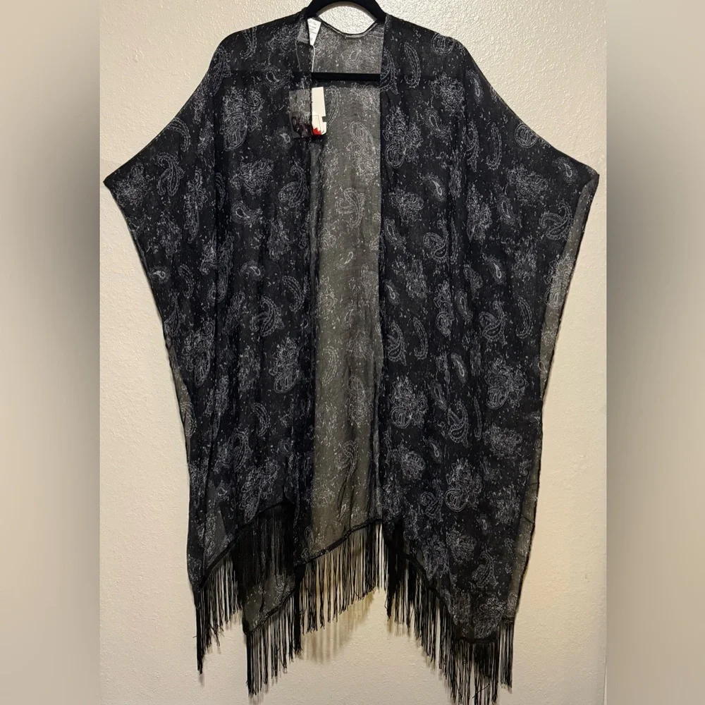 Black Paisley Fringe Kimono | Sheer Boho Wrap Cardigan Cover Up